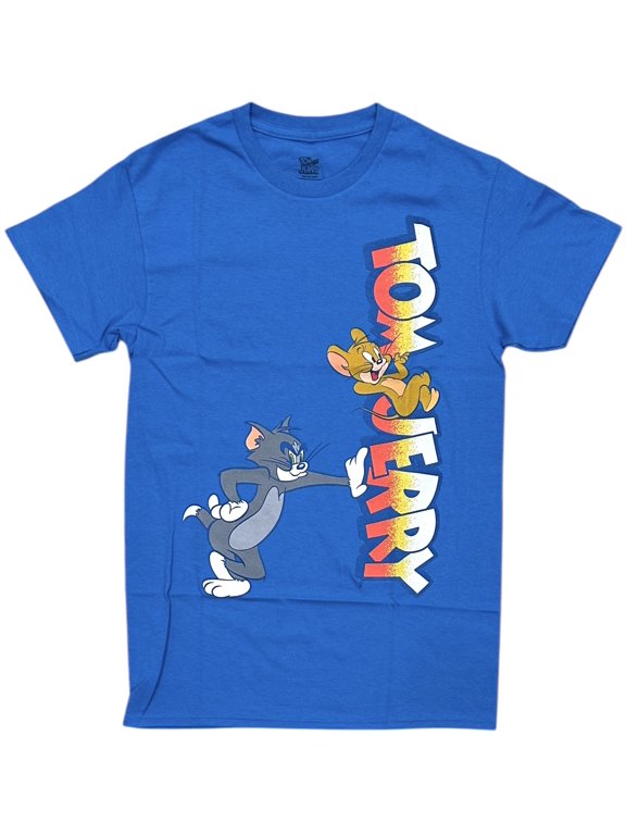 Tom and Jerry Men's T-Shirt Vertical Logo Authentic Merch Short Sleeve Tee (X-Large, Light Blue)