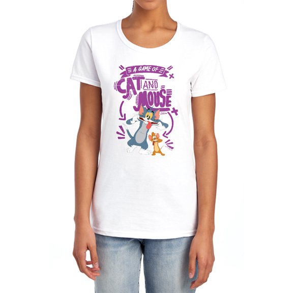 Tom and Jerry Movie Cat and Mouse Women's T Shirt,White, Large