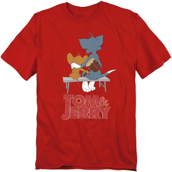 Tom and Jerry Movie Park Bench Unisex Adult T-Shirt, Red, Large