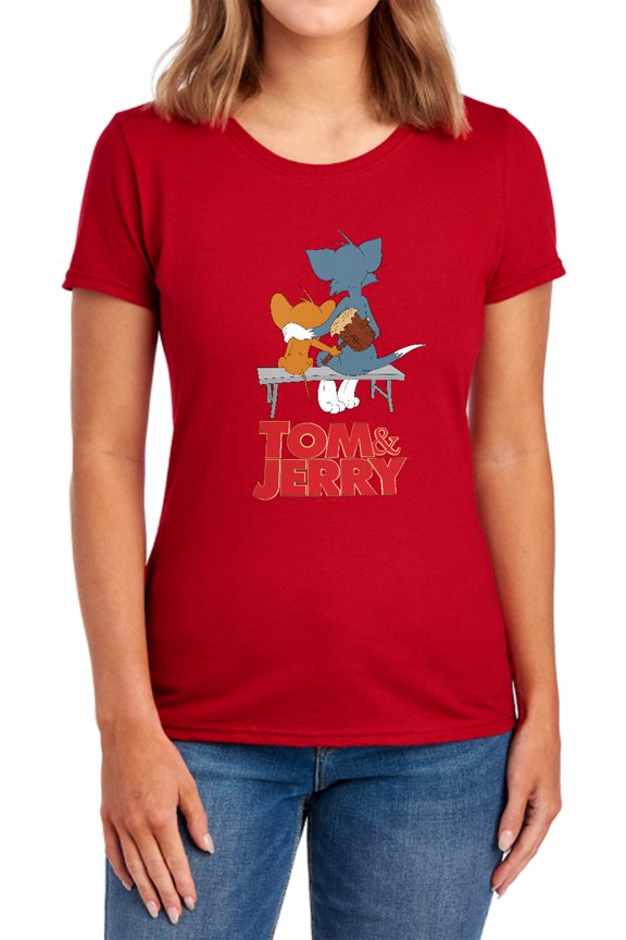 Tom and Jerry Movie Park Bench Women's T Shirt,Red, Small