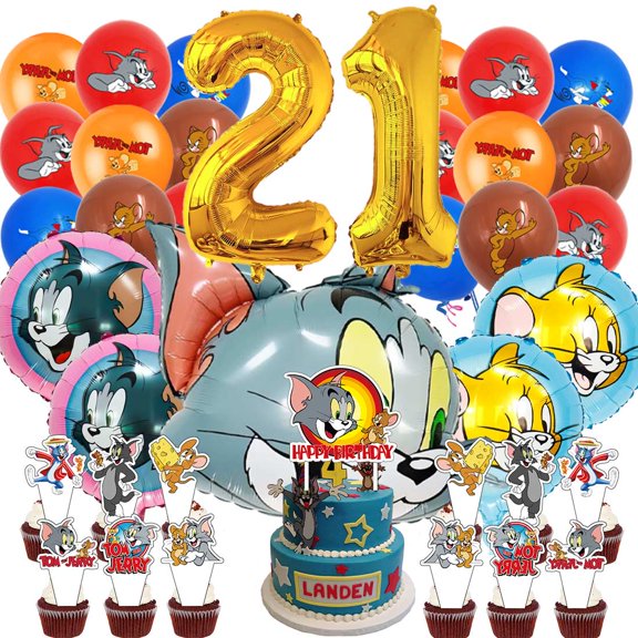 Tom and Jerry Party Supplies 21th Decor Kit Balloons Birthday Cake Topper Decorations