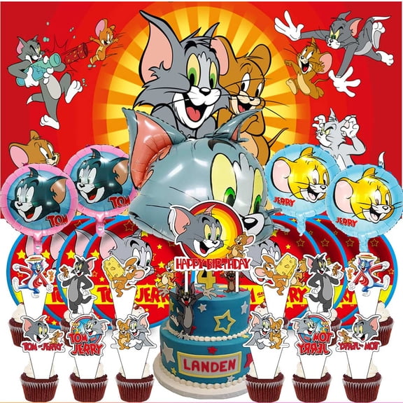 Tom and Jerry Party Supplies Decor Tableware Backdrop Banner Cake Topper Balloons Birthday Decorations