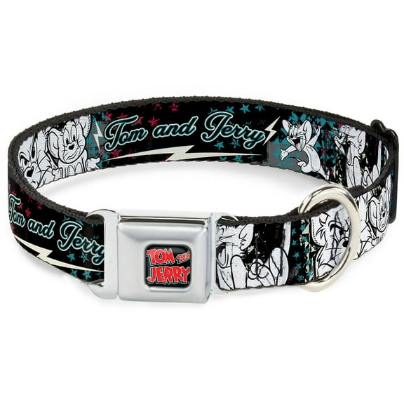 Tom and Jerry Pet Collar, Dog Collar Metal Seatbelt Buckle, Tom Jerry Face Pose Sketch Black White Red Blue, 11 to 16.5 Inches 1.0 Inch Wide