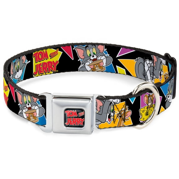Tom and Jerry Pet Collar, Dog Collar Metal Seatbelt Buckle, Tom Jerry Poses Black Multi Color, 9.5 to 13 Inches 1.0 Inch Wide