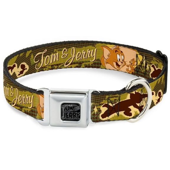 Tom and Jerry Pet Collar, Dog Collar Metal Seatbelt Buckle, Tom Jerry Tom Chasing Jerry Houndstooth Browns, 16 to 23 Inches 1.5 Inch Wide