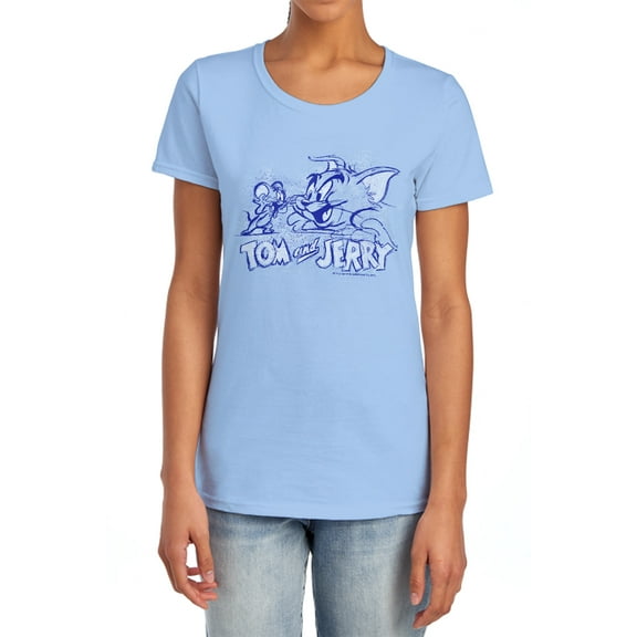 Tom and Jerry Sketchy Women's T Shirt, Light Blue, Medium