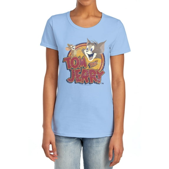 Tom and Jerry Water Damaged Women's T Shirt (Medium) Light Blue