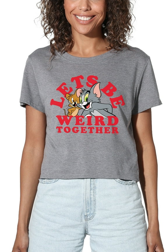 Tom and Jerry Weird Together Valentine Women's Crop Top T-Shirt, Athletic Heather, Large