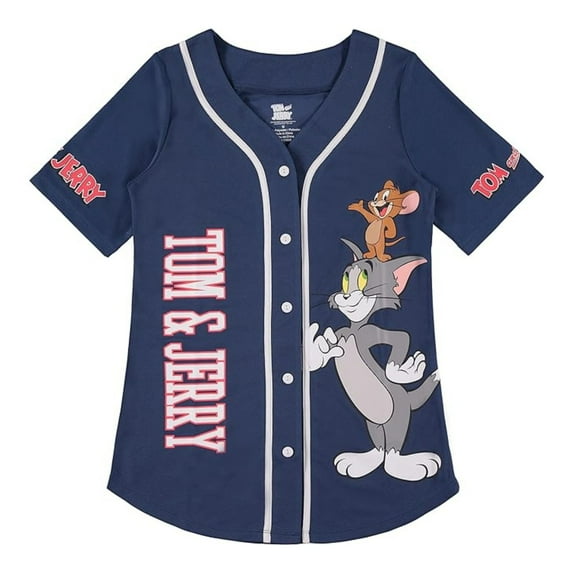 Tom and Jerry Women's Baseball Jersey Shirt, Classic Printed Cartoon Jersey Shirt Blue - L