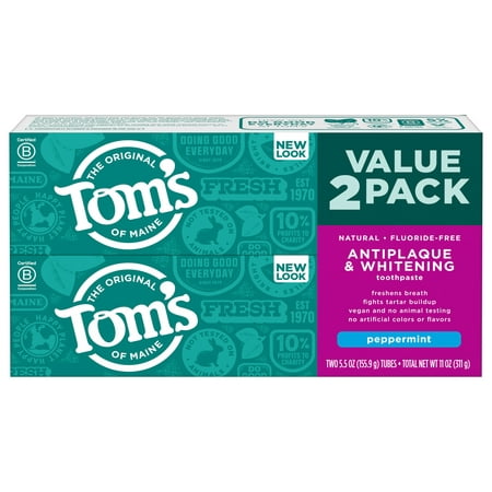 Tom's Antiplaque & Whitening Fluoride-Free Peppermint Toothpaste, 5.5oz, 2 Pack