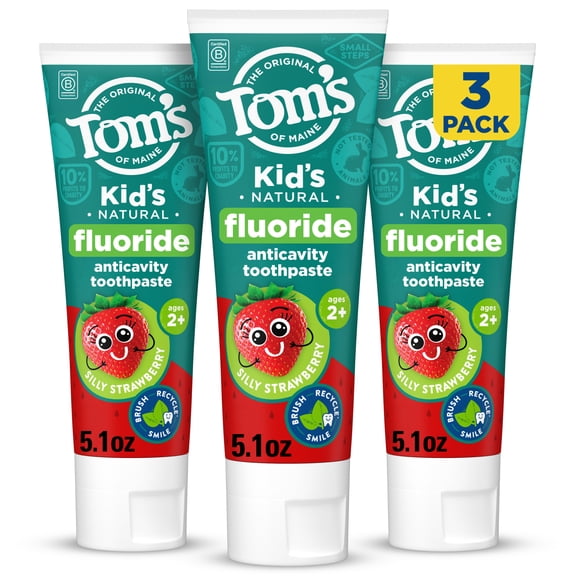 Tom's of Maine ADA Approved Fluoride Kids Toothpaste, Natural Toothpaste, Dye Free, No Artificial Preservatives, Silly Strawberry, 5.1 oz. 3-Pack (Packaging May Vary)