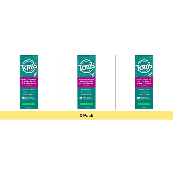 Tom's of Maine Antiplaque & Whitening Toothpaste, Fluoride Free, Spearmint, 4.5 oz - 3 Pack