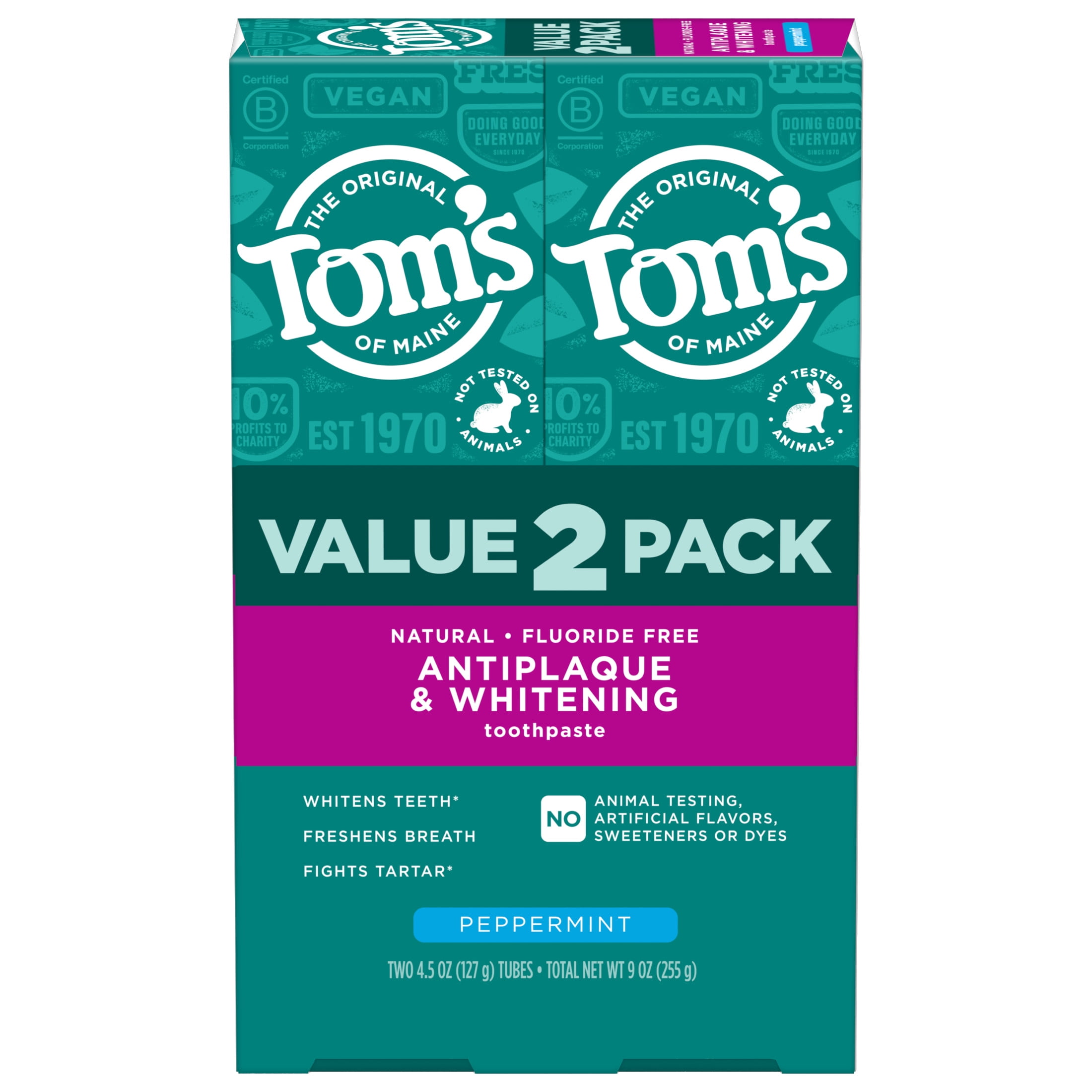 Toms of Maine Antiplaque and Whitening Fluoride Free Toothpaste, Peppermint, 2 Pack, 4.5 Oz