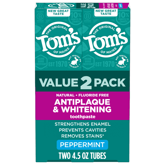 Tom’s of Maine Antiplaque and Whitening Fluoride Free Toothpaste, Peppermint, 2 Pack, 4.5 Oz