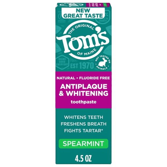 Toms of Maine Antiplaque and Whitening Toothpaste, Fluoride Free, Spearmint, 1 Pack, 4.5 oz