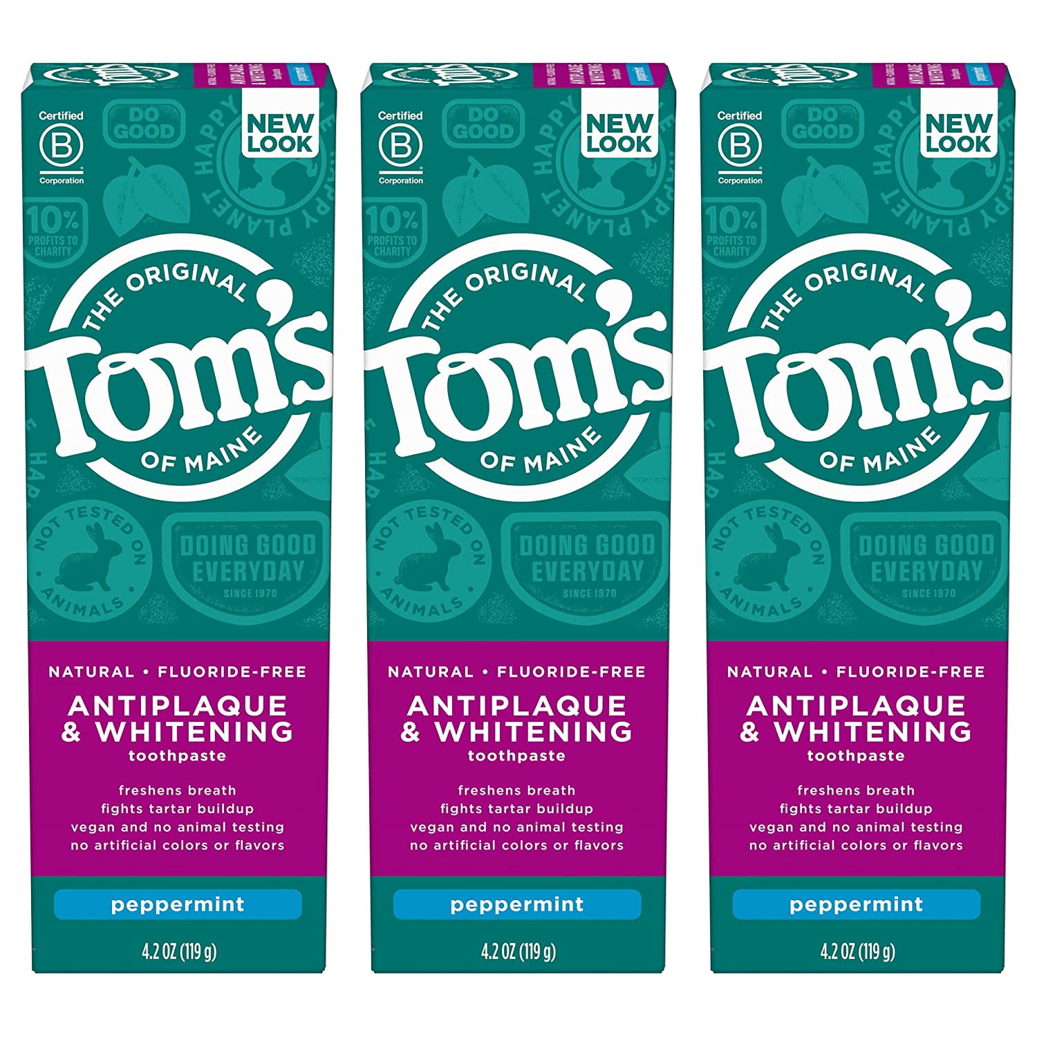 Tom's of Maine Fluoride-Free Antiplaque & Whitening Natural Toothpaste, Peppermint, 4.2 oz. 3-Pack (Packaging May Vary)