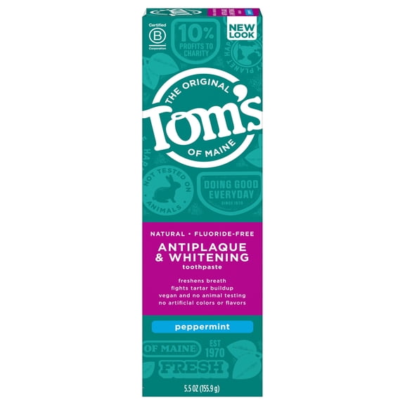 Tom's of Maine Fluoride-Free Antiplaque & Whitening Toothpaste, Whitening Toothpaste, Natural Toothpaste, Peppermint, 5.5 Ounce, 1-Pack