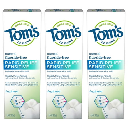 Tom's of Maine Fluoride-Free Rapid Relief Sensitive Natural Toothpaste, Fresh Mint, 4 Ounce, 3-Pack