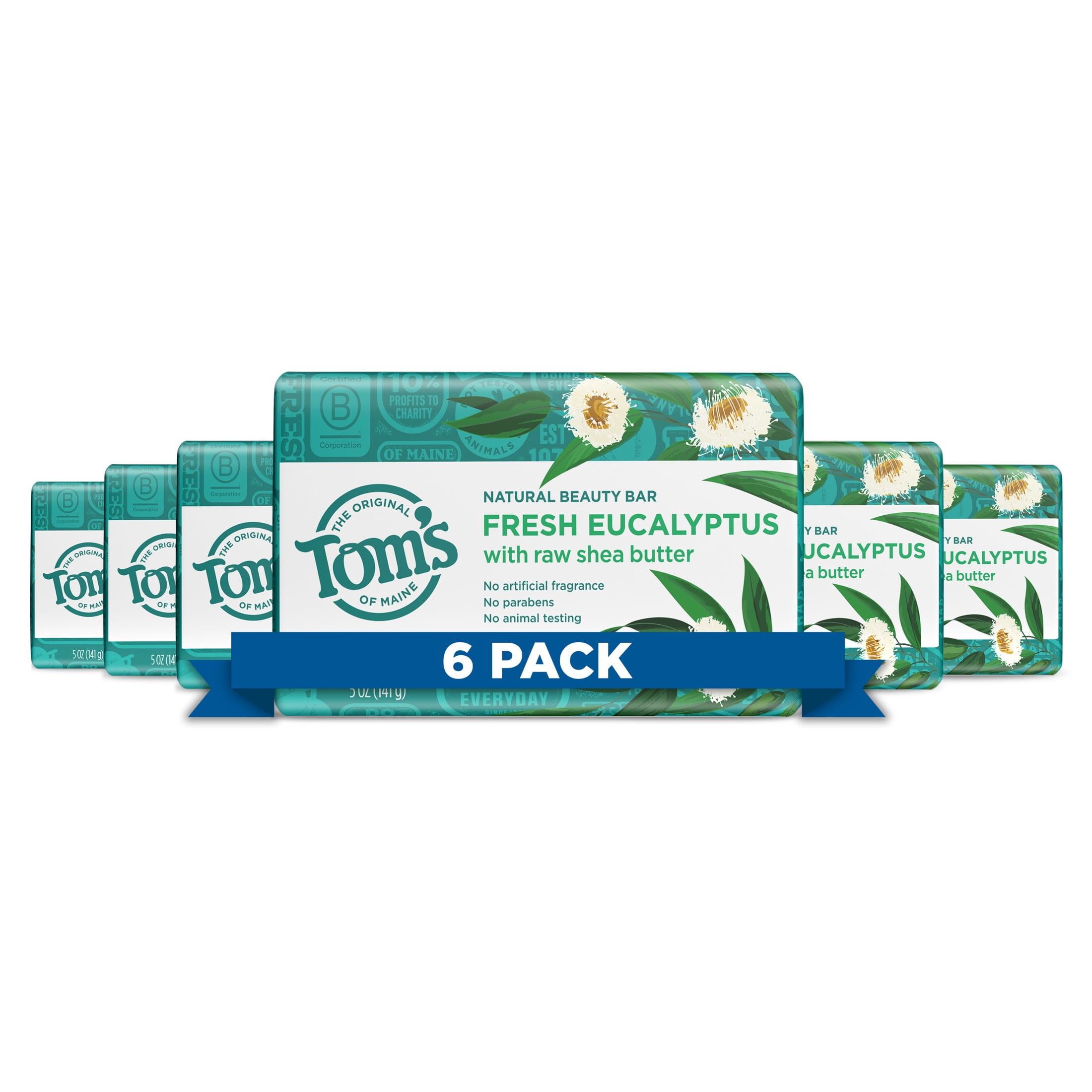 Tom’s of Maine Moisturizing Natural Beauty Bar Soap For Women and Men, Fresh Eucalyptus, 5 oz Bar, 6 pack