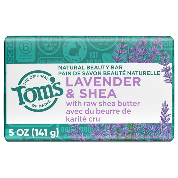 Toms of Maine Natural Beauty Bar Soap For Women and Men, Lavender & Shea, 5 oz Bar