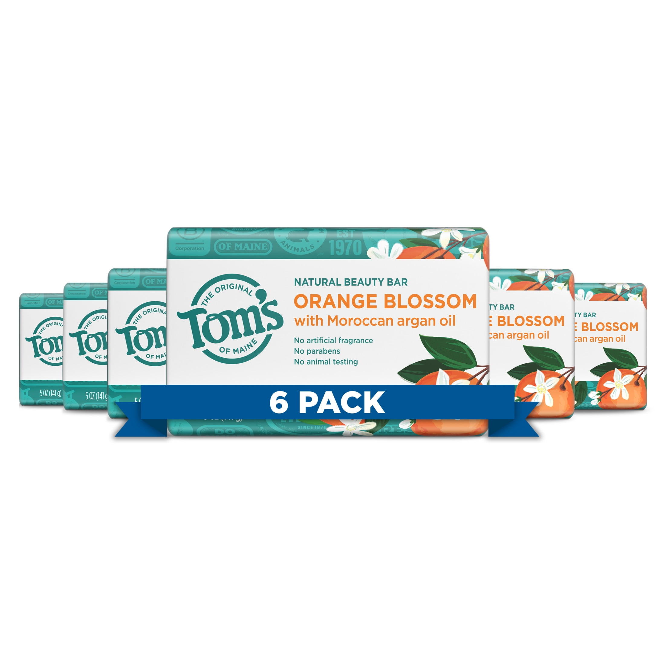 Tom’s of Maine Natural Beauty Bar Soap For Women and Men, Orange Blossom, 5 oz Bar, 6 pack
