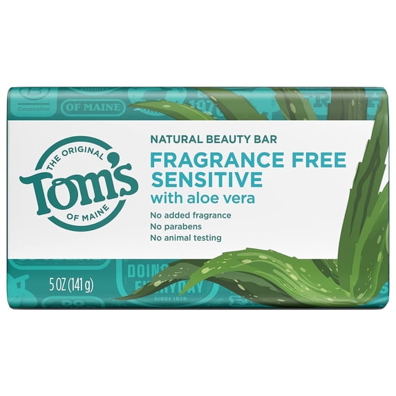 Tom's of Maine Natural Beauty Bar Soap for Sensitive Skin With Aloe Vera, Fragrance Free, 5 oz..