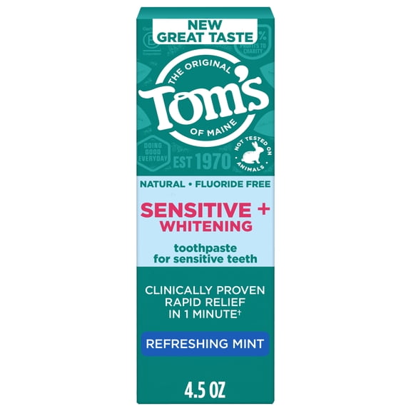 Tom’s of Maine Sensitive Plus Whitening Fluoride Free Toothpaste, Refreshing Mint, 4.5 oz
