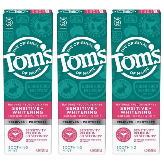 Tom's of Maine Sensitive SSF20 + Whitening Fluoride Free Toothpaste,Soothing Mint 4.0 oz 3-Pack