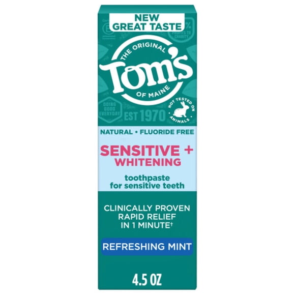 Tom’s of Maine Sensitive Plus Whitening Fluoride Free Toothpaste, Refreshing Mint, 4.5 oz