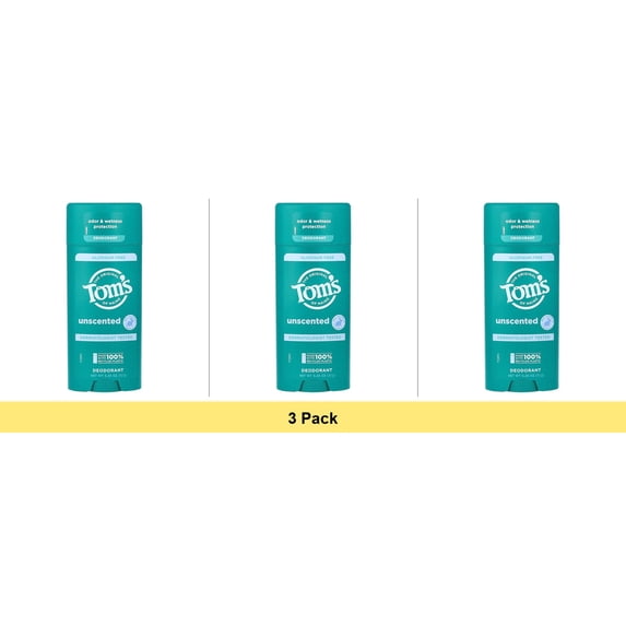 Tom's of Maine Unscented Natural Deodorant for Men and Women, Aluminum Free, 3.25 oz - 3 Pack
