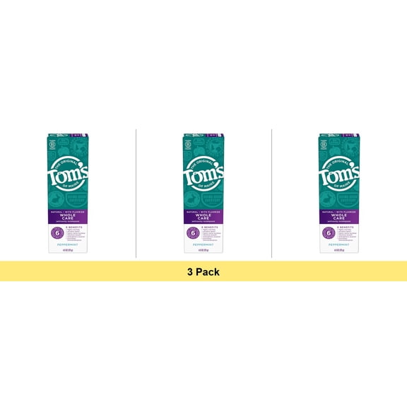 Tom's of Maine Whole Care Natural Toothpaste with Fluoride, Peppermint, 4.0 Oz - 3 Pack