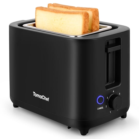 TomaChef 2-Slice Toaster with 7 Browning Settings, Wide Slots and Removable Crumb Tray, Black