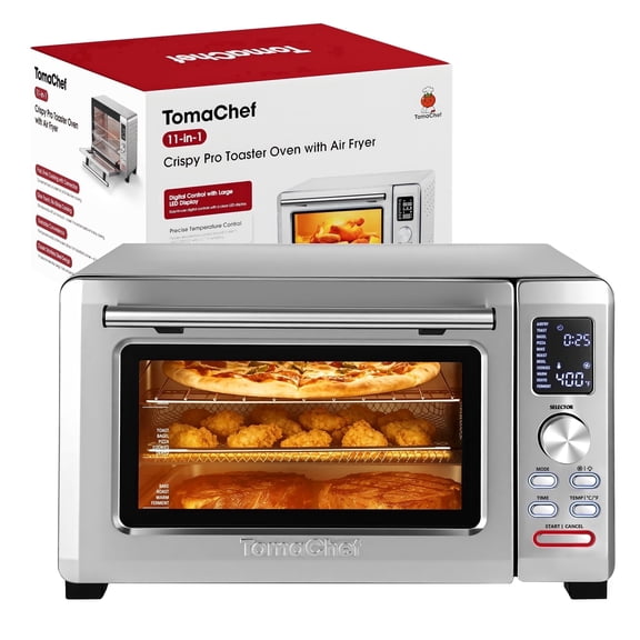 TomaChef 26.5QT Toaster Oven with Air Fry Function, Stainless Steel Countertop Design, 11 Cooking Functions, Clear Window, Silver
