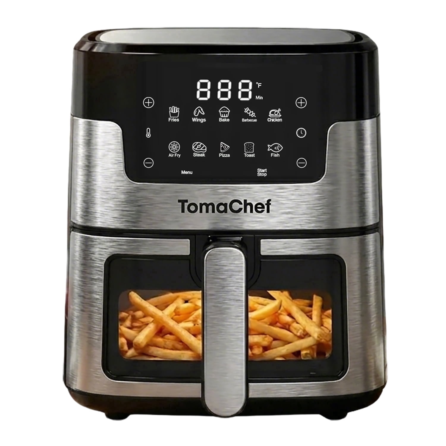 TomaChef 5.3QT Air Fryer, Black and Stainless Steel - Viewing Window, 10 Preset Menus