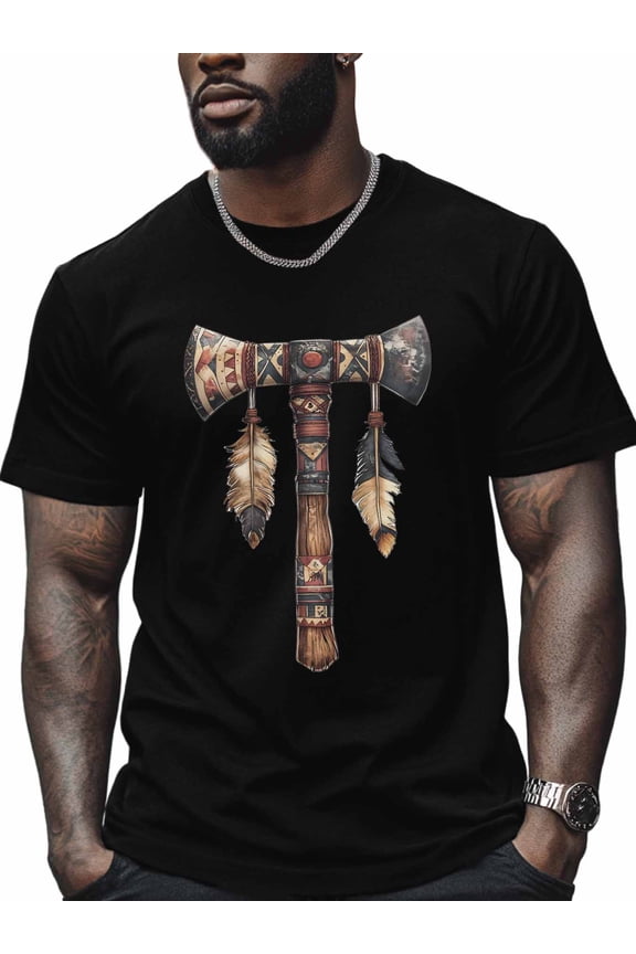 Tomahawk Feather Men's T Shirts Tribal Art T-Shirt for Men Crew Neck Tees Cotton Tops, Black, M