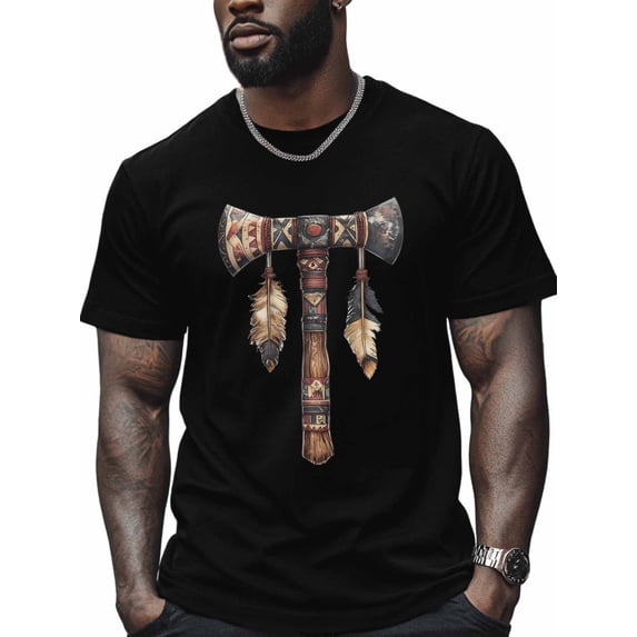 Tomahawk Feather Men's T Shirts Tribal Art T-Shirt for Men Crew Neck Tees Cotton Tops, Black, S