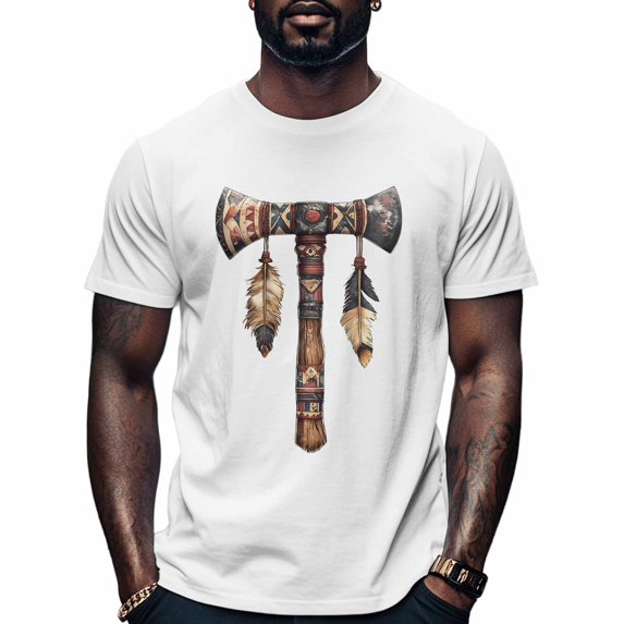 Tomahawk Feather Men's T Shirts Tribal Art T-Shirt for Men Crew Neck Tees Cotton Tops, White, XL