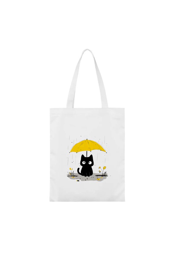 Cute Black Cat With Yellow Umbrella In Rain Casual Canvas White Tote Bag Single Sided No Closure Handbag 13.3 x 15.3 in