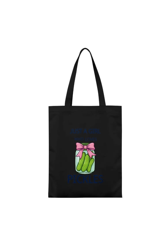 Just A Girl Who Loves Pickles Casual Canvas Black Tote Bag Single Sided No Closure Handbag 13.3 x 15.3 in
