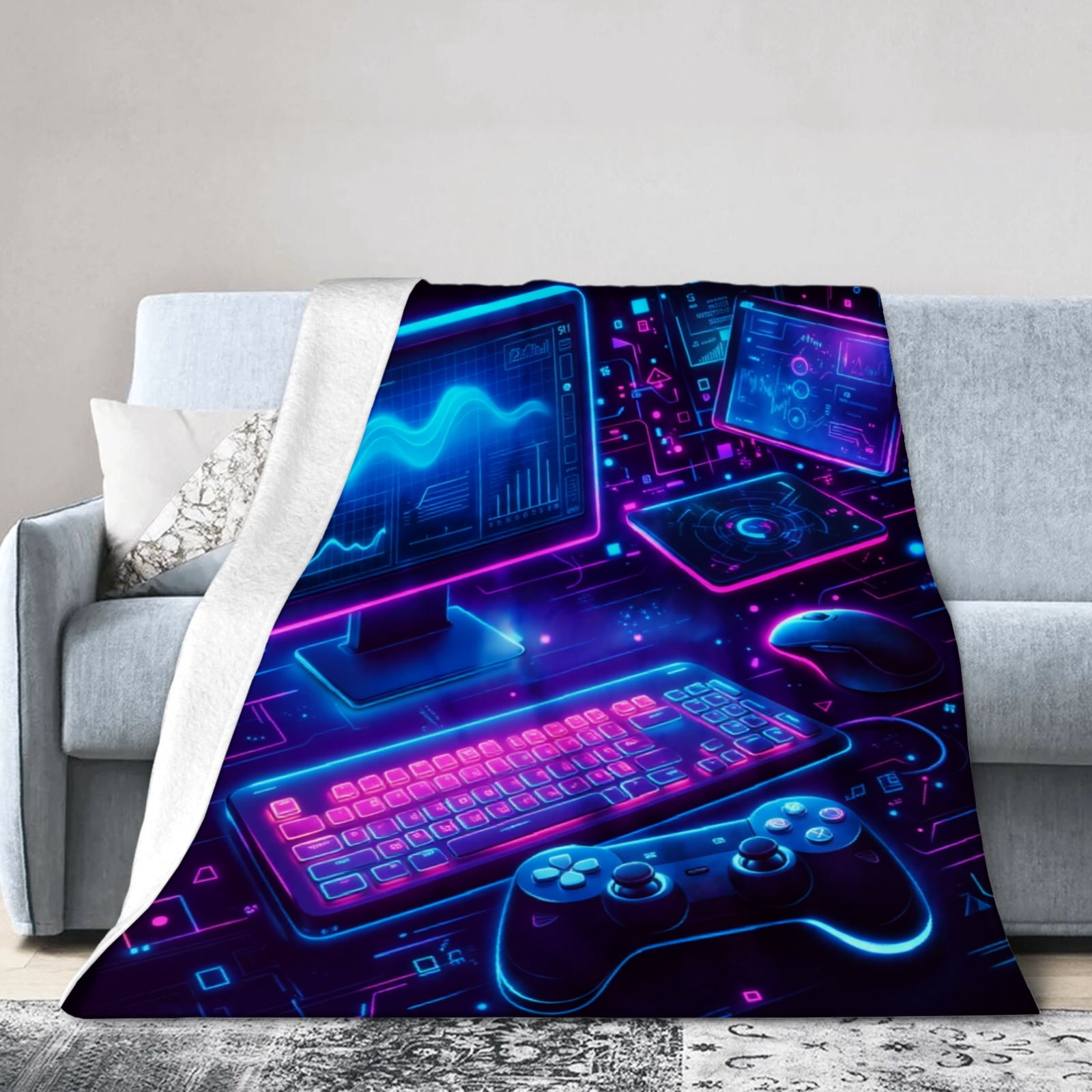 Tomalillin Neon Gaming Computer Setup Flannel Throw Blanket For Home ...