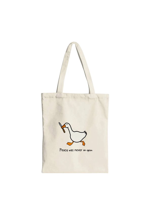 Peace Was Never An Option Duck With Knife Casual Canvas Beige Tote Bag Single Sided No Closure Handbag 13.3 x 15.3 in