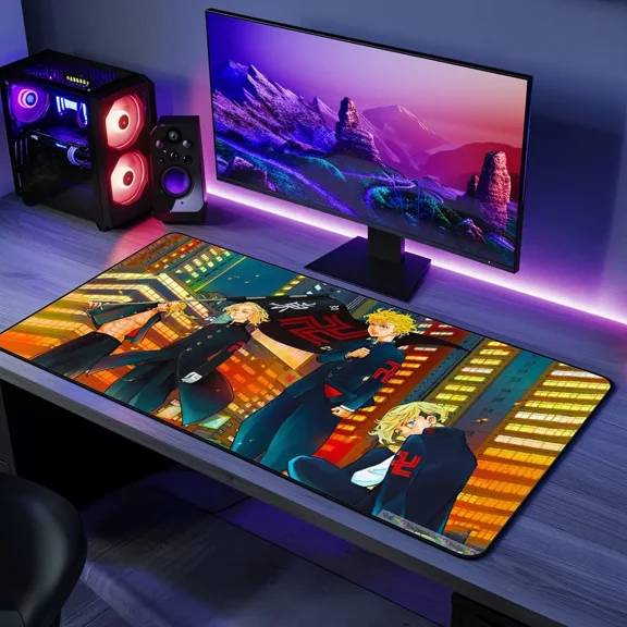 Toman Night City Desk Mat, Anime Gaming Desk Pad, Tokyo Street Artwork, Large Computer Desk Mat
