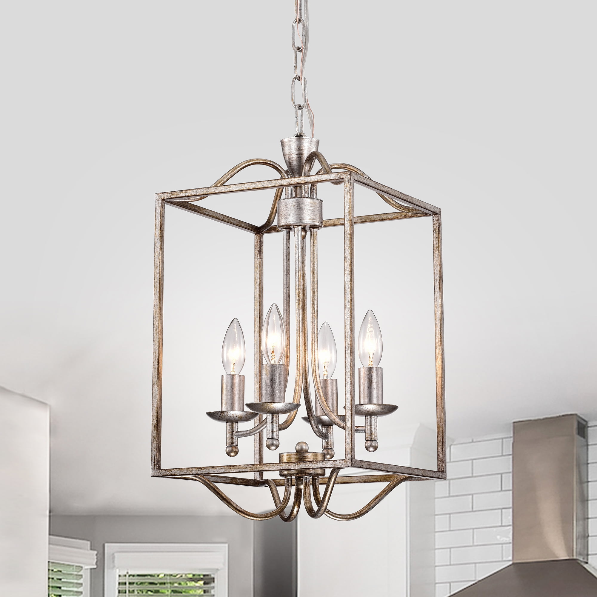 Tomas Antique Silver 4 Light Metal Open Cage Lantern Chandelier