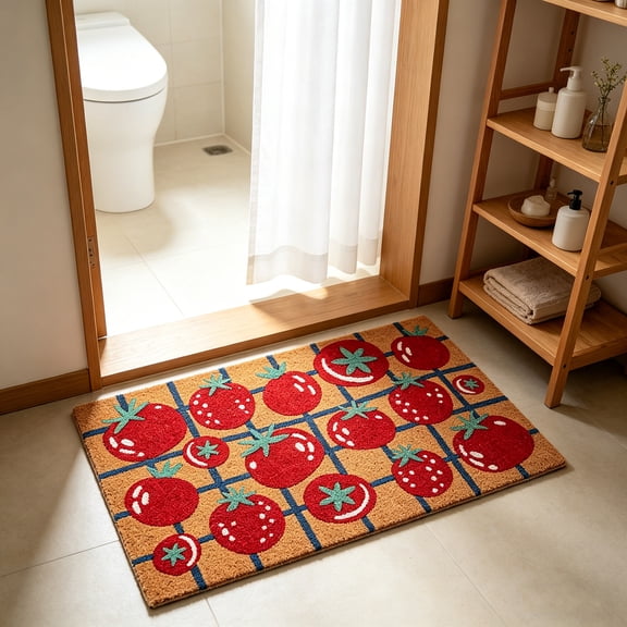 Tomato Bathroom Floor Mat Absorbent Non Slip Loop Pile Rug Washable Soft Entrance Door Mat Kitchen Bathroom Home Decor Water Absorbent Carpet Cute Fruit Design Thick Soft Bath Kitchen Floor Mat