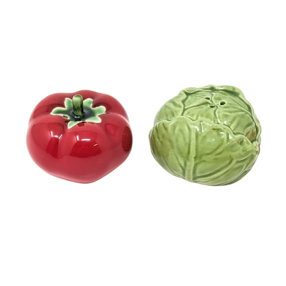 Tomato and Cabbage Salt and Pepper Shaker Set – Ceramic Vegetable Design for Rustic Farmhouse Kitchen, Garden Tabletop, or Dining Decor – Fun Gift for Chefs, Collectors & Food Lovers