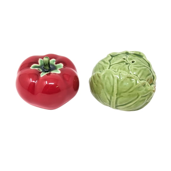 Tomato and Cabbage Salt and Pepper Shaker Set Ceramic Vegetable Design for Rustic Farmhouse Kitchen, Garden Tabletop, or Dining Decor Fun Gift for Chefs, Collectors & Food Lovers
