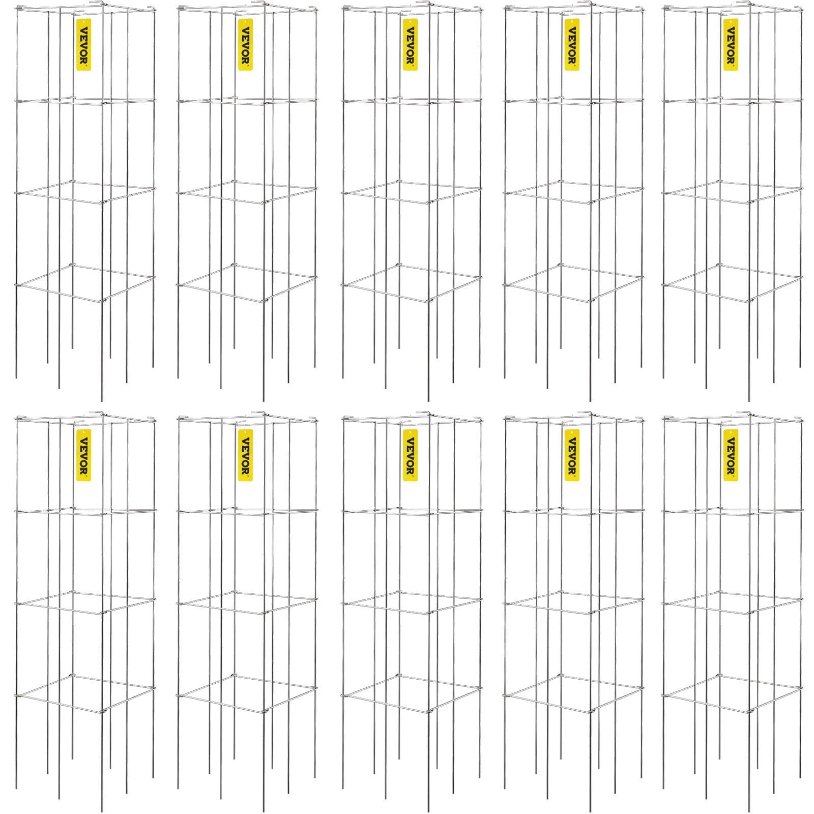 Tomato Cages 10 Pack Square Plant Support 11.8x11.8x46.1 Inches Silver PVC Coated Steel Tower for Climbing Vegetables Fruits Flowers