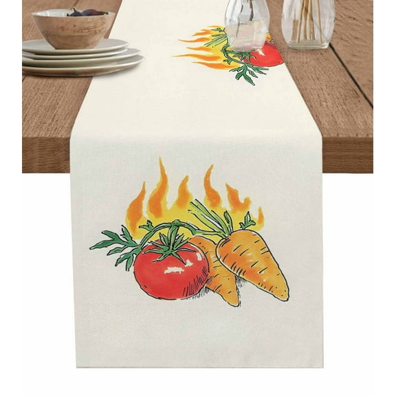 Tomato Carrot Burlap Cotton Table Runner 13x70 Inches Long, Watercolor Fire Vegetable Farmhouse Table Runners, Outdoor Dining Tablecloths Decor for Baby Shower/Party/Wedding