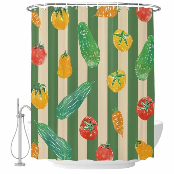 Tomato Carrot Fabric Shower Curtain Hand Drawn Vegetable Strips Washable Shower Curtains for Bathroom, Waterproof Bath Curtain with Hooks Home Decor 36x72in
