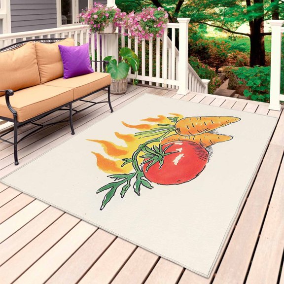 Tomato Carrot Outdoor Rug 3x5 Ft, Non Slip Washable Area Rug, Watercolor Fire Vegetable Patio Rugs Carpet Runner, Large Floor Mat for Indoor/Outdoor Deck Porch Camping